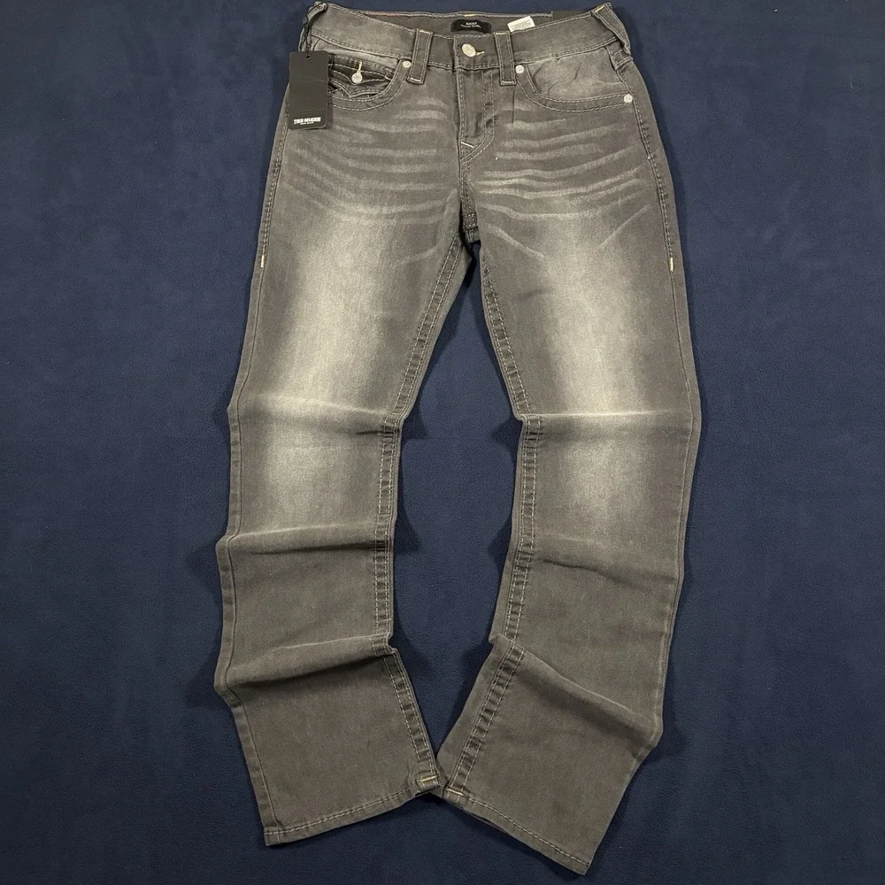 True Religion Jeans Mens Size 30x34 Ricky Big T Flap Relaxed Straight Gray Denim